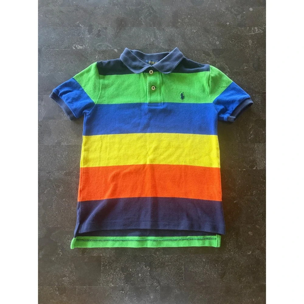 Polo Ralph Lauren Boys Rainbow Stripe Cotton Pique Polo Shirt Pony Logo Sz L